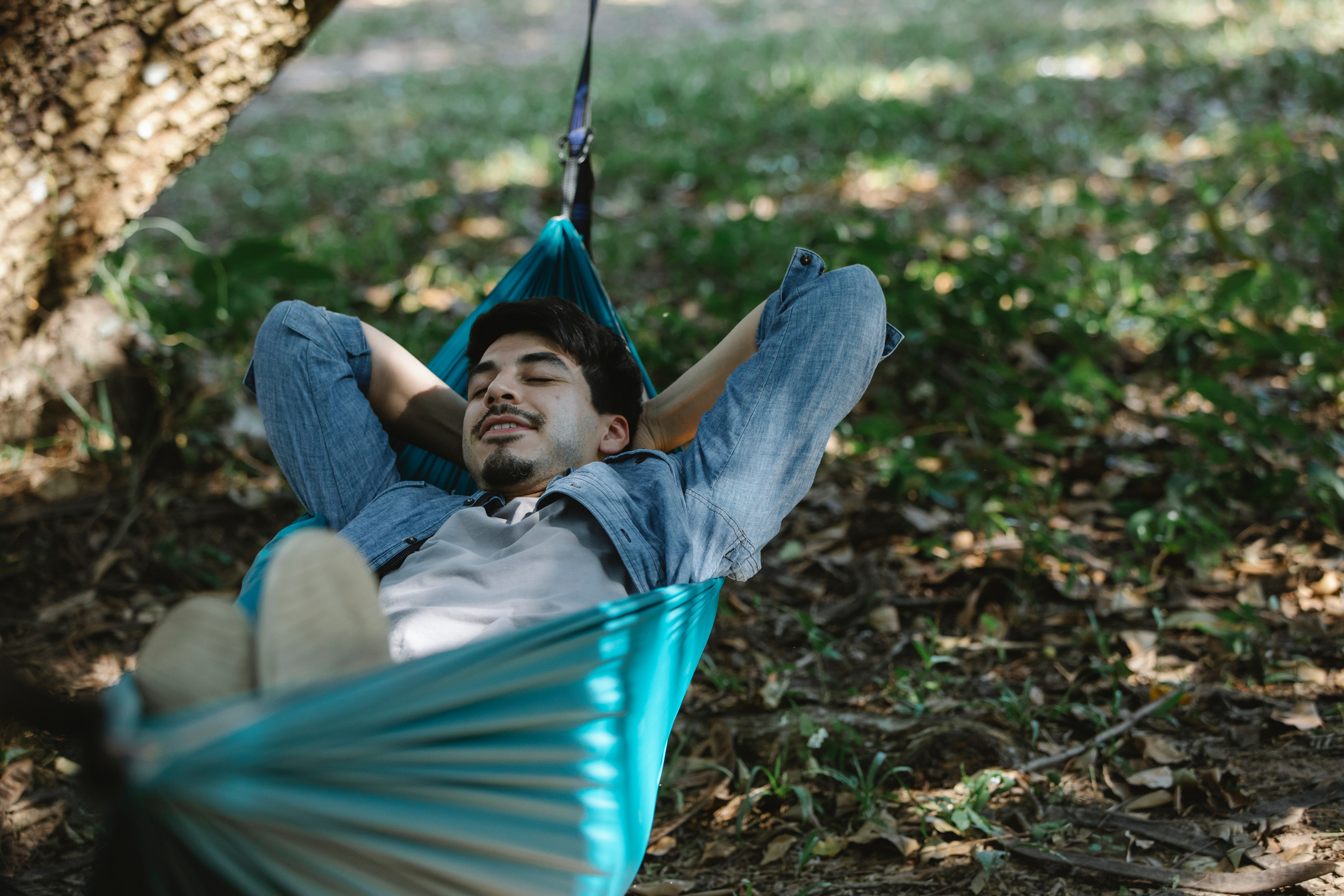 Relaxed bearded man resting in hammock